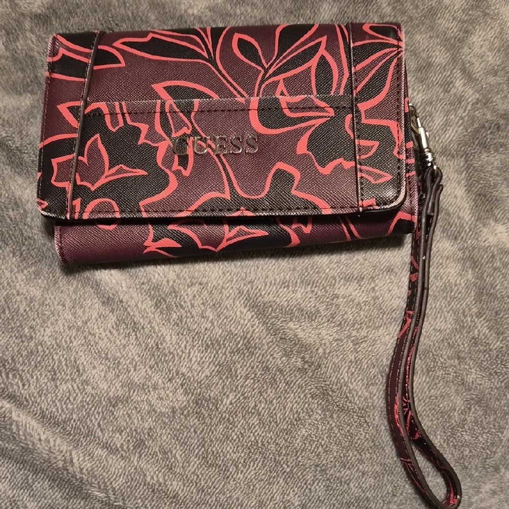 GUESS Black and Red Floral Wristlet Clutch